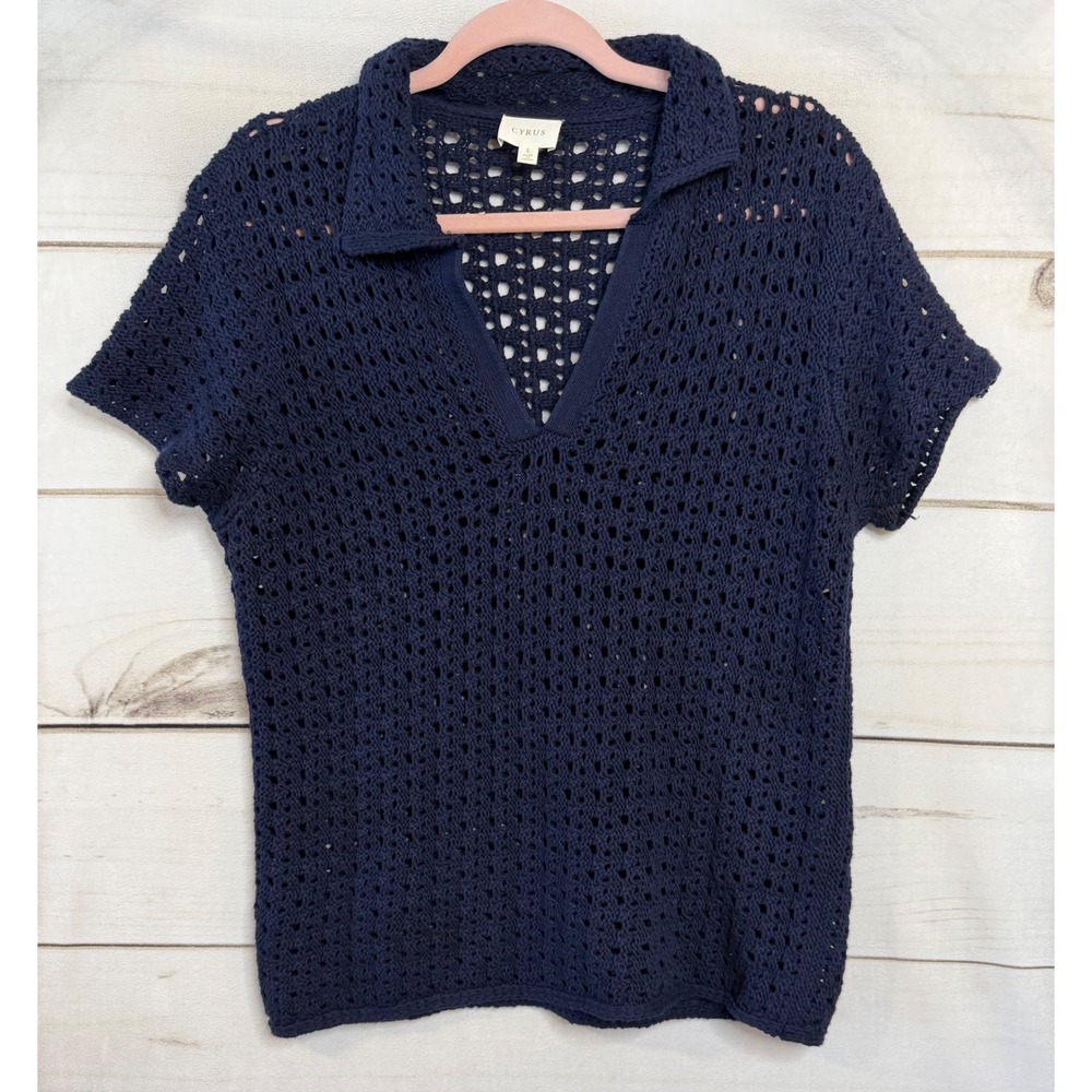 Cyrus Womens Navy Blue Open Knit Crochet Polo Sweater Short Sleeve V-Neck Large